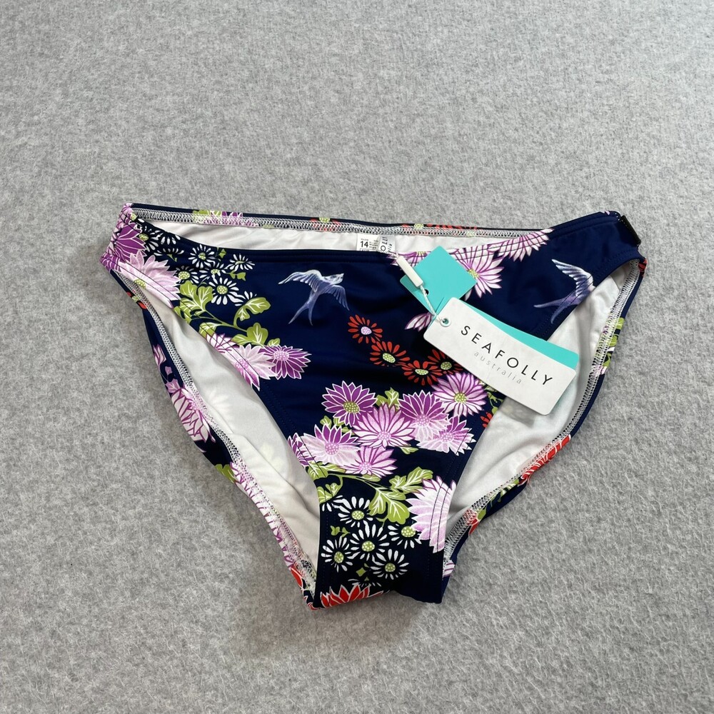 Seafolly Bikini Bottom Woman 10 Blue Floral Bird Tropical Swim Pool Beach Cruise